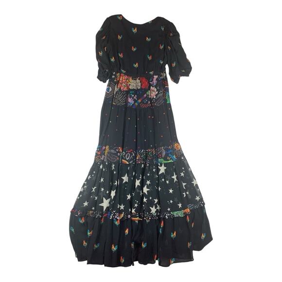 Farm Rio size small mixed stardust maxi dress Celestial Black chickens tiered - Picture 3 of 12